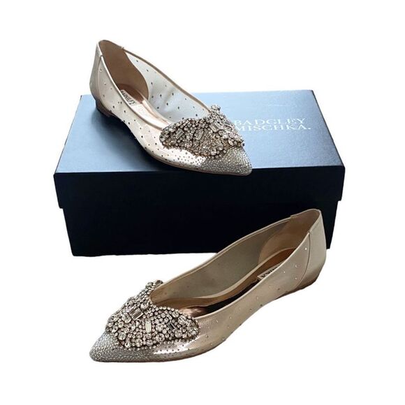 Badgley Mischka Quinn Rhinestone Embellished Evening Flat Ivory Satin Size 8 - Picture 3 of 7